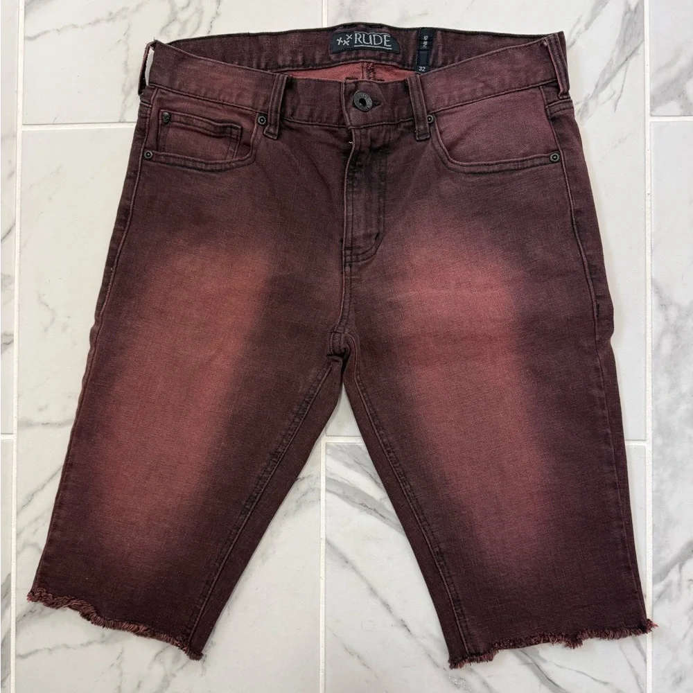 Rude Hot Topic Denim Dark Red Shorts Punk Goth Grunge Mens Skinny Size 32 - Picture 1 of 9